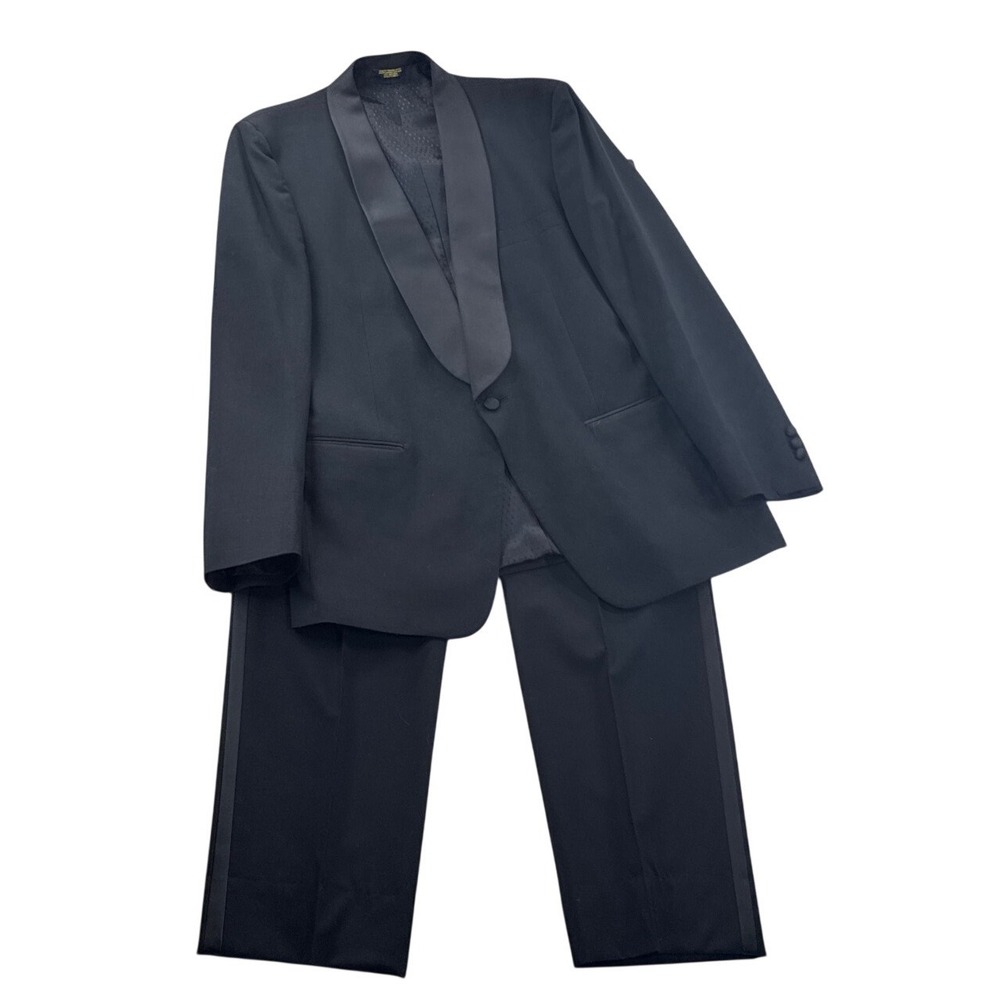 After Six Tuxedo Suit Mens 36W Black Shawl Lapel Pure Wool Formal Two Piece Set